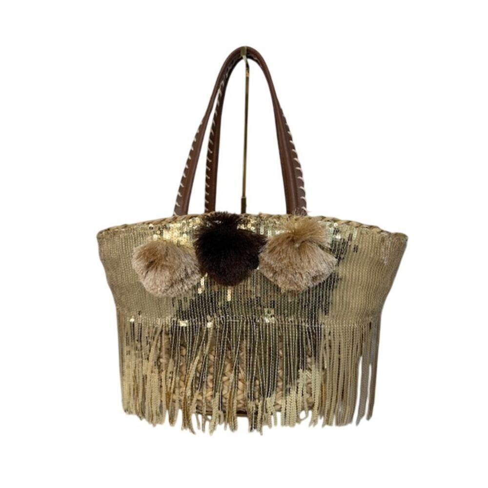 Molly Bracken Woven Rattan w/ Gold Sequin Fringe Bag Beach Large 20"